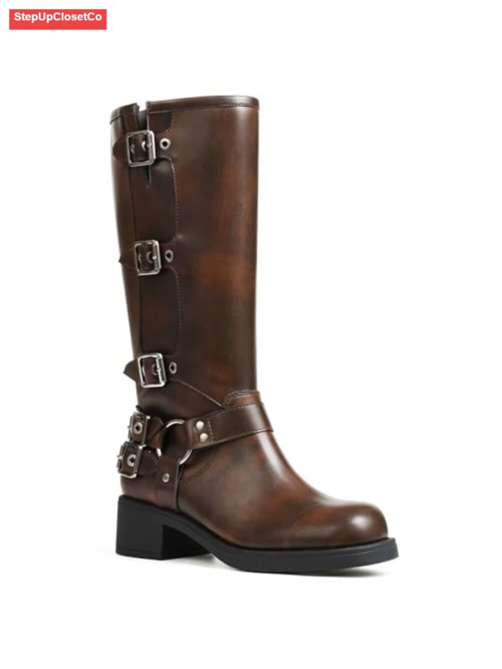 Women's Knee High Moto Biker Boots with Buckle and Zipper, Combat Riding Boots